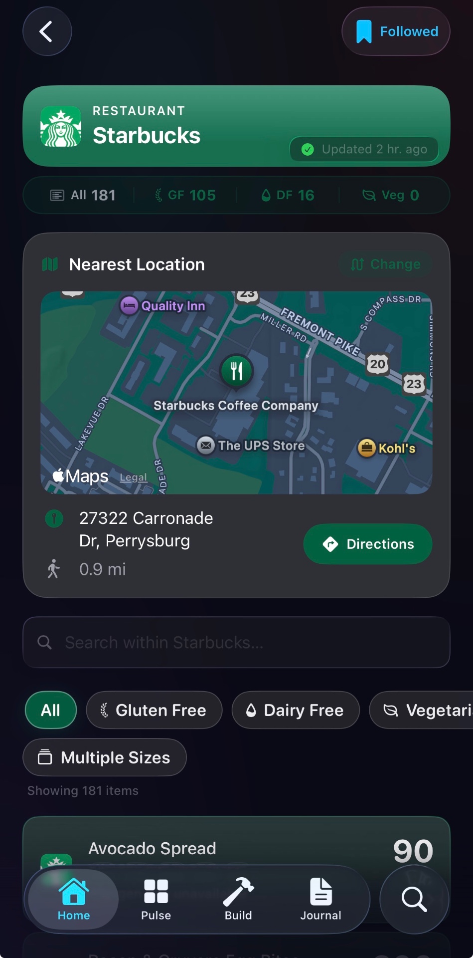 Dining Search screen