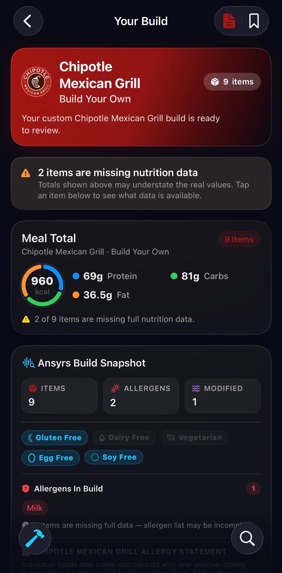 Your Build screen